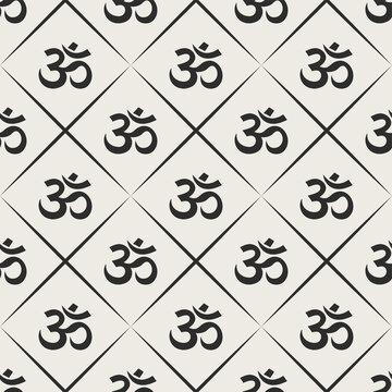 Seamless vector pattern with Aum Om Ohm symbol. Minimalistic illustration Indian culture India spirital yoga om icon calligraphy
