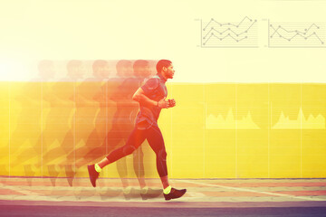 Full length portrait of male runner with muscular body in tracksuit jogging against yellow wall with copy space area for text message or content, Motion blur effect with progress infographics diagrams