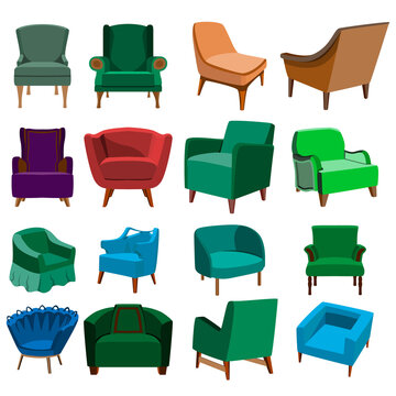 A large set of images of armchairs. A set for different purposes in design, interior and other.