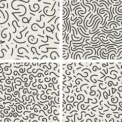 Set of 4 seamless trendy fashion abstract backgrounds in doodle style. Vector creative patterns