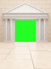 Fototapeta premium Beige portal in antique style, against a beige stone wall. Mock up frame of the classic columns Isolated on green. 3D Render