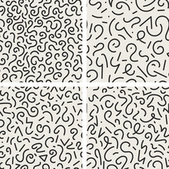 Set of 4 seamless trendy fashion abstract backgrounds in doodle style. Vector creative patterns