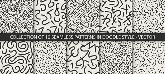 Collection of 10 seamless trendy fashion abstract backgrounds in doodle style. Vector creative patterns