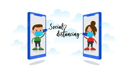 Social distancing. People communicate on smartphone.