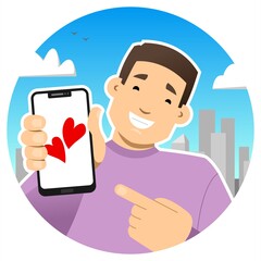 online dating, dating site; smiling guy with a phone. Shows the phone screen, points to it with a finger. Hearts on the phone screen. Declaration of love, Valentine's Day. Round icon.