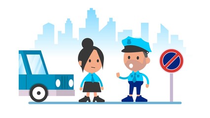 No parking. Policeman stops the car. The road is closed.