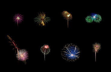 Variety of colorful fireworks isolated on black background - 361100272