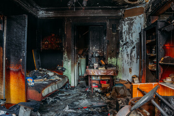 Burnt apartment house interior. Burned furniture. Consequences of fire concept