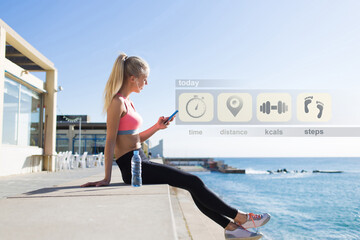 Young female jogger enjoying rest after workout while checking results of training on mobile phone application. Fit woman calculating expended kilocalories on cellular. Infographics fit app interface