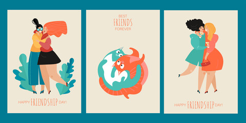 Set of vector greeting card or banner templates for friendship day with funny hugging girls and cats. Best friends forever.