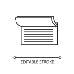 Checkbook linear icon. Document for commerce. Payroll for payment. Write cheque. Business tax. Thin line customizable illustration. Contour symbol. Vector isolated outline drawing. Editable stroke