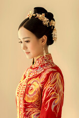 Asian ancient girl wearing bride red dress