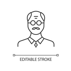 Senior man linear icon. Male elder. Old person. Grandfather with mustache. Middle age man. Thin line customizable illustration. Contour symbol. Vector isolated outline drawing. Editable stroke