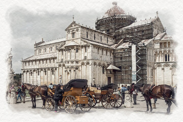 Naklejka premium Watercolor picture of historical square at Piazza dei Miracoli in Pisa, Italy
