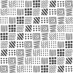 Vector seamless geometric pattern of squares, stripes, lines, waves, triangles, dots, zigzags, hand-drawn. Ethnic pattern. For decor, textile, fabric, wrapping, carpet, wallpaper, background.