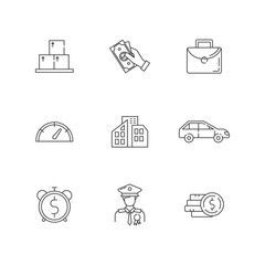 Loan money linear icons set. Cash for business. Investment in real estate. Buy private property. Customizable thin line contour symbols. Isolated vector outline illustrations. Editable stroke