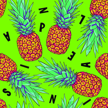Seamless ananas pineapple pattern with letters on green neon background. Sweet trendy summer food ornament. 