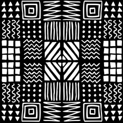 Vector seamless geometric pattern of hand-drawnsquares, stripes, lines, dots, zigzags. Ethnic white pattern on a black background. For decor, textile, fabric, wrapping, carpet, wallpaper, background.
