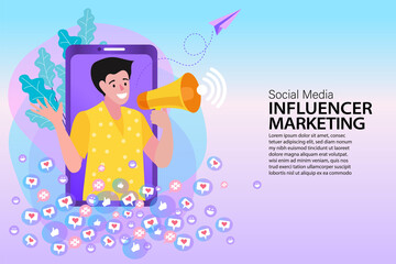 mobile phone man with megaphone on screen influencer marketing social media or network. Flat vector illustration for internet advertisement