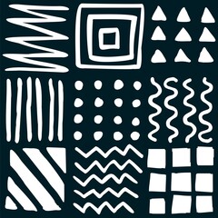 Vector seamless geometric pattern of hand-drawn squares, stripes, lines, dots, zigzags. Ethnic white pattern on a black background. For decor, textile, fabric, wrapping, carpet, wallpaper, background.
