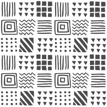 Vector seamless geometric pattern of hand-drawn squares, stripes, lines, dots, triangles, zigzags. 