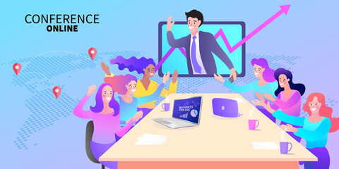 Business man talk to many people in video conferencing, Group of people smart working from home, Social network and teamwork concept, Flat design style modern vector illustration for web.