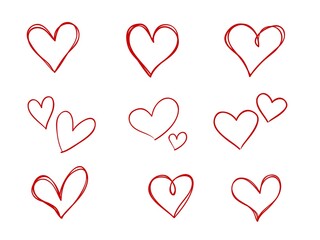 Fototapeta na wymiar isolated set of coloring childish hand drawn red heart symbols line art vector design