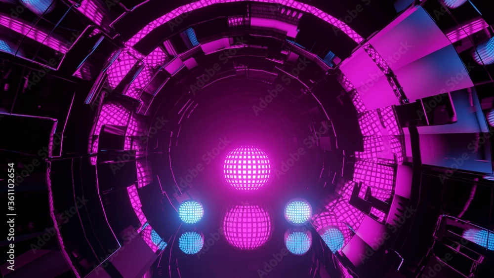 Sticker abstract illustration of a circular tunnel with pink and blue glowing globes