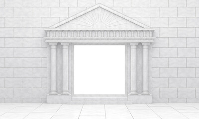 Fototapeta premium A white portal in antique style, against a wall of white stone. Glowing portal with columns in a classic style. 3D Render