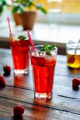 Strawberry lemonade with mint and lemon. Cold drinks. Summer. Recipe.