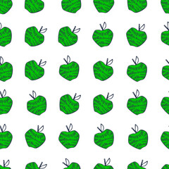 Green apple seamless pattern. Hand drawn abstract apples fruit. Cute doodle vector background for kitchen and food design.
