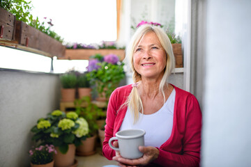 Senior woman with coffee on balcony in summer, relaxing among potted flowering plants.