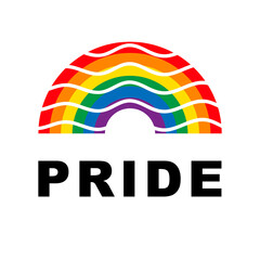 Rainbow Pride symbol, LGBT, sexual minorities, gays and lesbians. Pride month. Designer sign, logo, icon: colorful rainbow on a white background. Signature PRIDE. Vector.