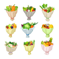 Vegetable and Fruits Bouquets Wrapped in Papper Vector Set