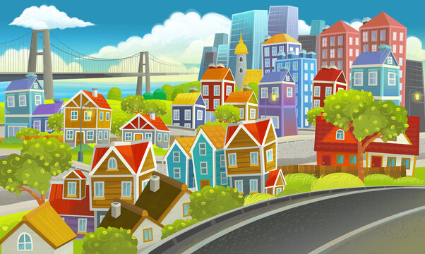 cartoon happy and funny scene of the middle of a city with road illustration for children