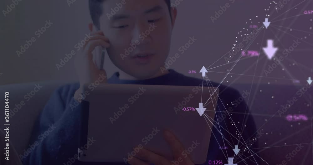 Poster digital composite video of web of connections with icons against man with digital tablet talking on