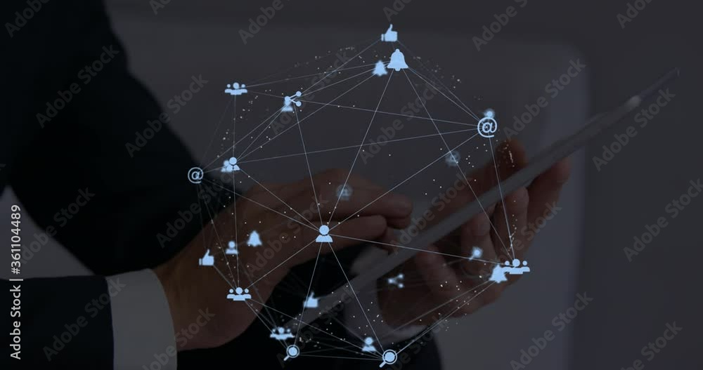 Poster digital composite video of web of connections with icons moving against man using a digital tablet i