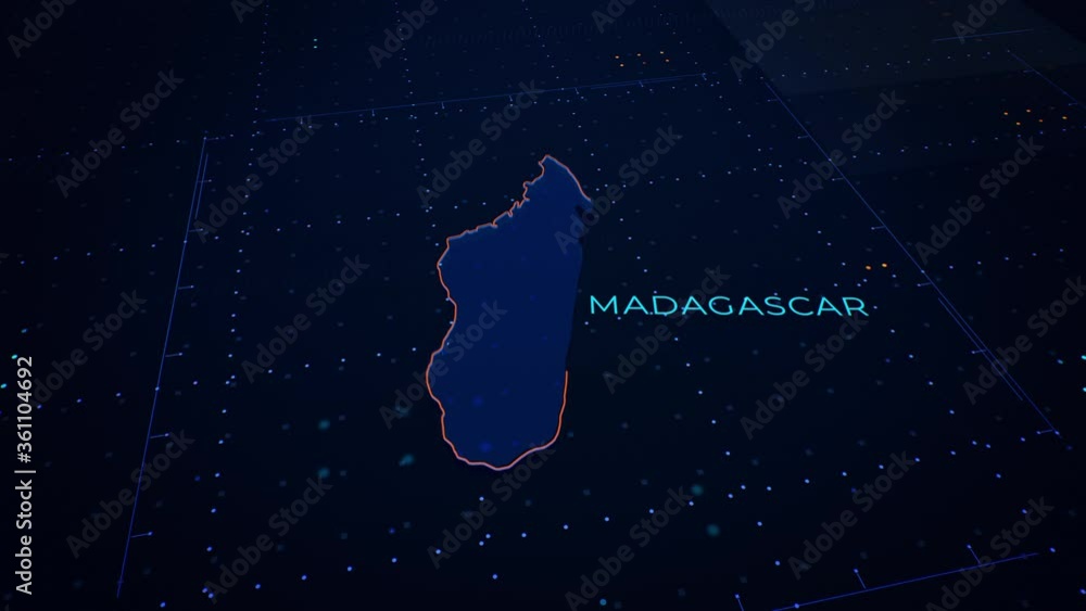Poster 3d render of madagascar map. camera flying through digital space.