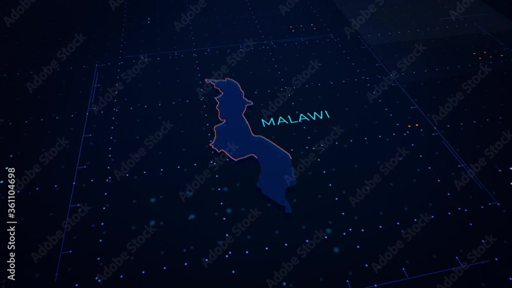 Poster 3d render of malawi map. camera flying through digital space.