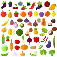 Flat design fresh raw fruits and vegetables vector icon set.