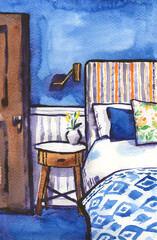Interior bedroom design bed pillows table vase lamp door wall floor wood fabric texture watercolor