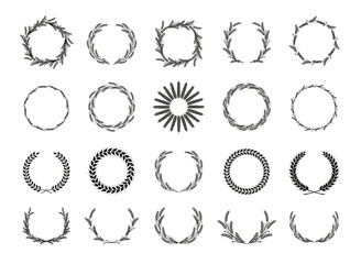 Obraz premium Wreaths of ears wheat. Design element for decoration of award, coat of arms, logo, trademark, medal, label. Black silhouette on white background. Vector illustration