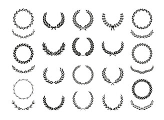 Set of different black and white silhouette circular laurel foliate, wheat, oak and olive wreaths depicting an award, achievement, heraldry, nobility, emblem. Vector illustration.