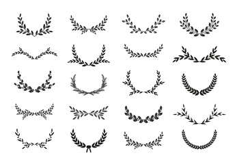 Collection of different black and white silhouette circular laurel foliate, wheat and olive wreaths depicting an award, achievement, heraldry, emblem, nobility. Vector illustration.
