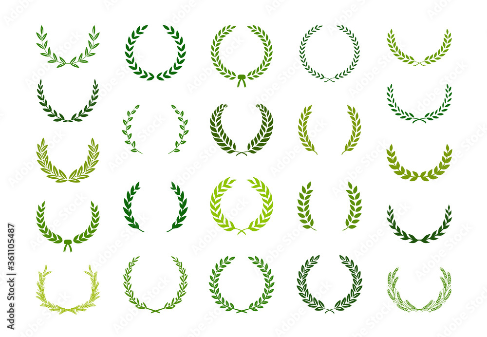 Poster set of green silhouette laurel foliate, wheat and olive wreaths depicting an award, achievement, her - Posters