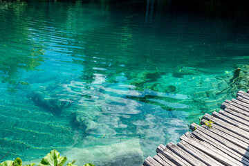Obraz premium Picturesque morning in Plitvice National Park. Colorful spring scene of green forest with pure water lake. Great countryside view of Croatia, Europe