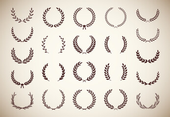 Setof different vintage silhouette circular laurel foliate, olive and wheat wreaths depicting an award, achievement, heraldry, nobility. Vector illustration.