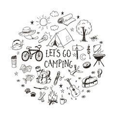 Lets go camping vector illustration with hand drawn camp doodles. Touristic equipment, live on nature concept. - 361105692