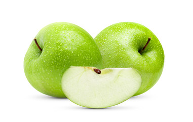 Perfect Fresh Green Apple on White Background with water drop in Full Depth of Field