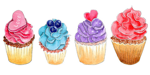 Hand painted watercolor cupcakes set